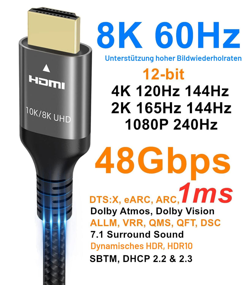 Ubluker 10K 8K 4K HDMI 2.1 Cable 48Gbps 2M, Certified Ultra High Speed | 0.01ms CEC Ethernet 240Hz 200Hz 180Hz 165Hz 144Hz 120Hz 60Hz HDR10+ ARC eARC HDCP2.3 Netflix TV PC Monitor Projector PS5 Xbox 2 meters