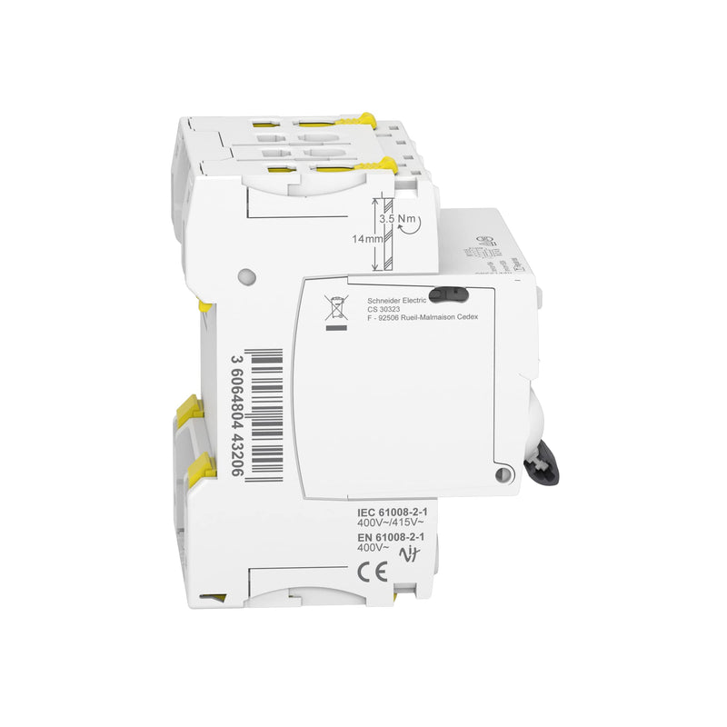 Schneider A9Z21440 Residual Current Circuit Breaker IID, 4P, 40 A 30 mA Type A | 40 A, 30 mA, type A, ground fault protection time undelayed 40 Amps