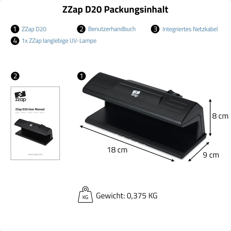 The ZZap D20 - Counterfeit Checker - UV Detection with a 9 Watt Long Life Bulb, Ideal for Checking Currency, Official Items and More