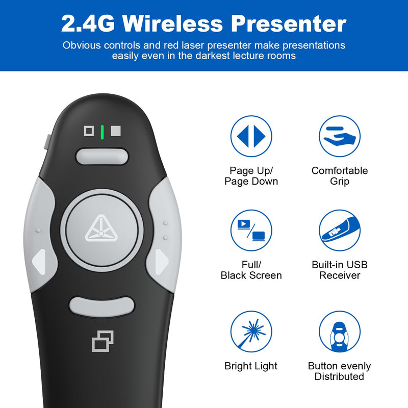 QUI 2 Pack Presentation Clicker, Wireless Presenter Remote Clicker for PowerPoint, Slide Advancer for Mac, Windows, Google Slide, Keynote (USB, Black Blue) USB