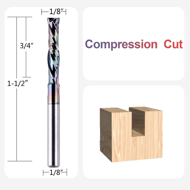 SpeTool 5Pcs Carbide Compression Router Bit Up&Down Cut 1/8 inch Cutting Dia for CNC Mill Machine Wookwork 3D Profile Detail Engraver Carving Coated COMPRESSION CUT D1/8-L3/4"