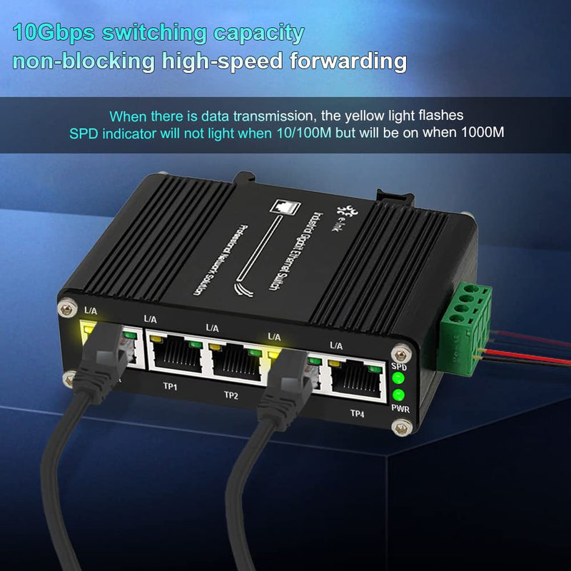 Mini Industrial 5 Ports Gigabit Switch Hardened 5 Port RJ45 10/100/1000Mbps Ethernet Switch Din Rail Mount Ethernet Switch Wall Mounts Included (-40 to 167 ºF) 10Gbps Switching Capacity 5 Ports Switch