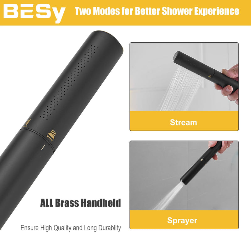 BESy Black Brass 2 In 1 Function Handheld Shower Head Set High Pressure 7 Inch Shower Head High Flow Hand Shower Wand with 59 Inch Hose, Bracket, Matte Black Finish