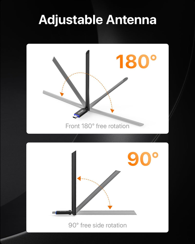 Tenda AX900 WiFi Adapter WiFi 6- Dual-Band 600Mbps 5GHz/ 286Mbps 2.4GHz, 6dBi High Gain Antenna, Wireless WiFi Adapter for Windows 11/10/7 USB WiFi Dongle (U11Pro)