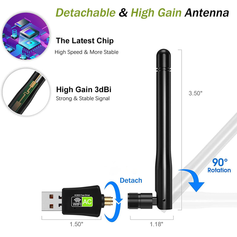 USB WiFi Adapter for Destop PC/Laptop, NETVIP AC600 Dual Band 5GHz/2.4GHz WiFi Dongle with 5dBi Antenna, 802.11ac Wireless Network Card for Windows, CD-Free and Plug & Play 600M green