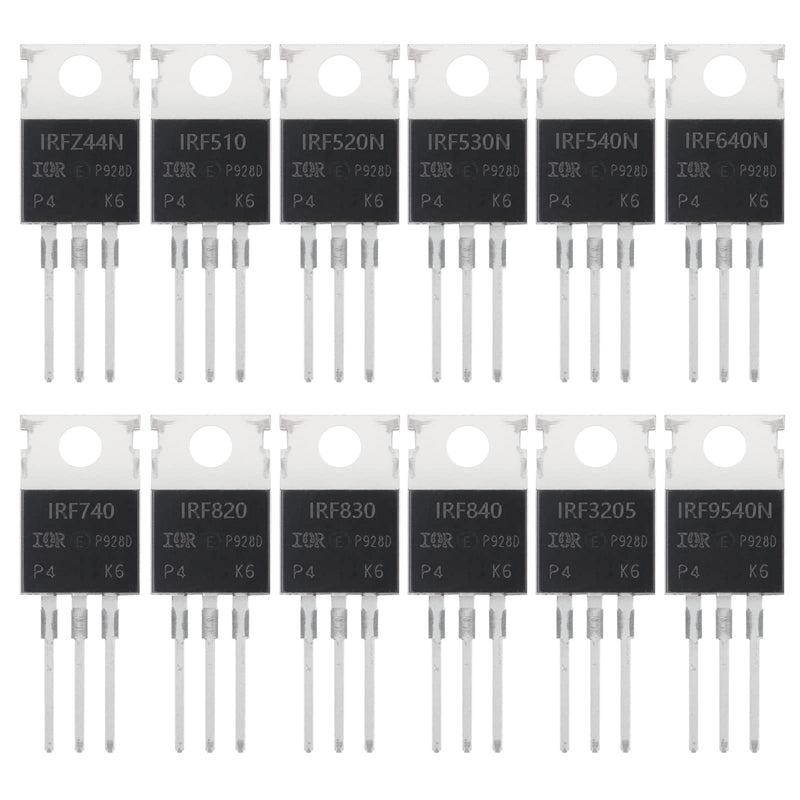 AUKENIEN Mosfet Transistor Kit 12 Values 60 Pieces IRFZ44N IRF510N IRF520N IRF530N IRF540N IRF640N IRF740 IRF820 IRF830 IRF840 IRF3205 IRF9540N TO-220 Mosfet Transistors