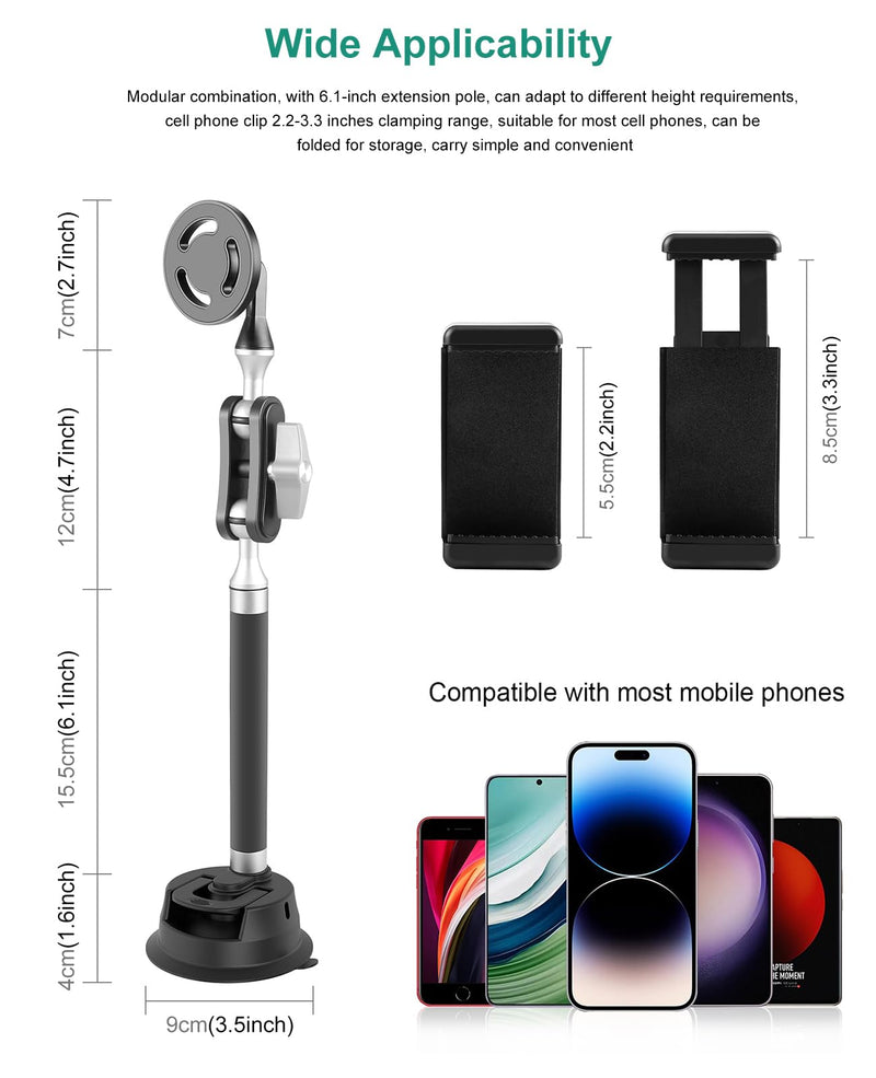 PULUZ Magnetic Cell Phone Car Suction Cup Mount，360°Adjustable Double Ball Head Car Suction Cup Holder with Phone Clamp and Action Camera Mount Adapter Use for Windshield Auto Suction Cups Camera & Phone Suction Cup Mount B