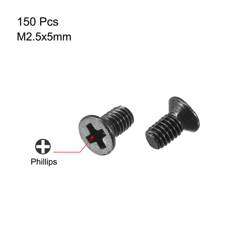 uxcell M2.5 x 5mm Phillips Screw Fastener Black for Laptop PC TV Fan Switch 150pcs M2.5x5mm