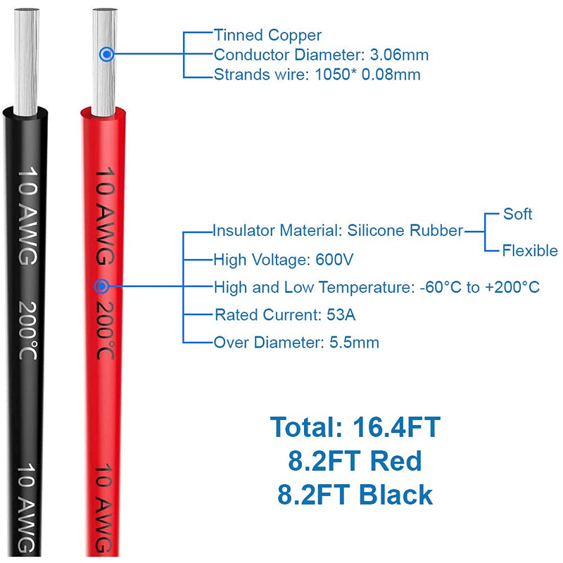 MMOBIEL Battery Electric Cable 10 AWG 6mm² Red and Black 2.5m/8.2ft Silicone Cable with 1050 Core Core Strands for RC Drone Airplane Truck Car Battery Clamp Cable 2.5m 10Awg