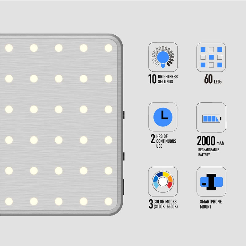 DigiPower #GoViral - The Influencer - Compact 60 LED Video Light (4W) | 10-Level Brightness, 3 Color Temperature Modes (3100K-5500K) | Includes Phone & Camera Adapter, Clip-On Mount & USB Cable…