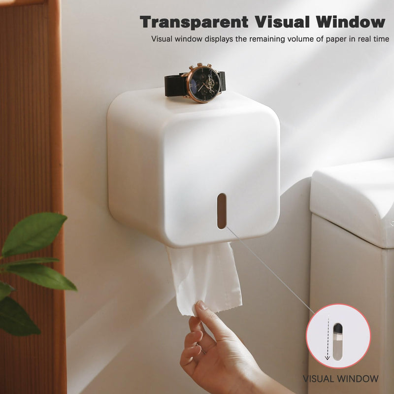 Colist Toilet Paper Holder Self Adhesive, with Cover, Cat Proof, Waterproof | Enclosed, Wall Mount, No Drilling, with Top Phone Shelf & Visual Window, for Bathroom RV Camping, White Large