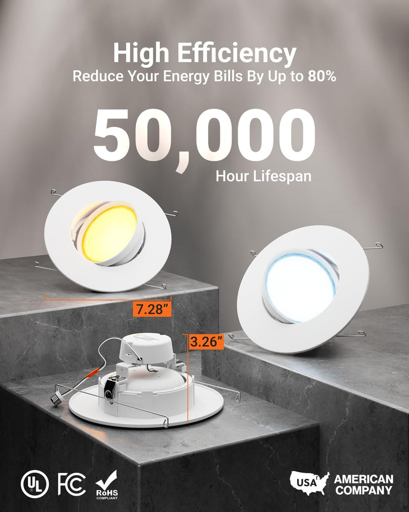 Sunco 5/6 Inch LED Can Lights Retrofit Recessed Lighting, Gimbal Downlight Adjustable, 800 LM, 12W:60W, Selectable CCT 2700K/3000K/3500K/4000K/5000K, Dimmable, Damp Rated UL. (Pack of 2) White