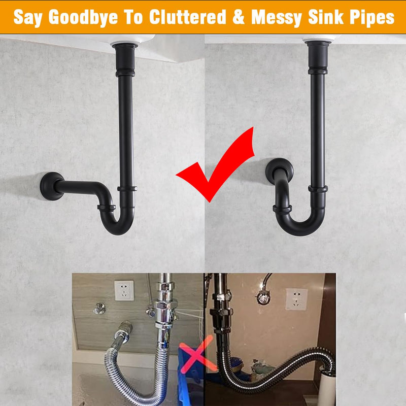 RANDOM Matte Black P Trap Bathroom Sink U-Shape 1-1/4 inch Sink Trap with Slip Joint Extension Tube,Adjustable Height Sink Waste Drain Bottle P-Trap Kit,Brass Basin Sink Plumbing.RD83555MB-L