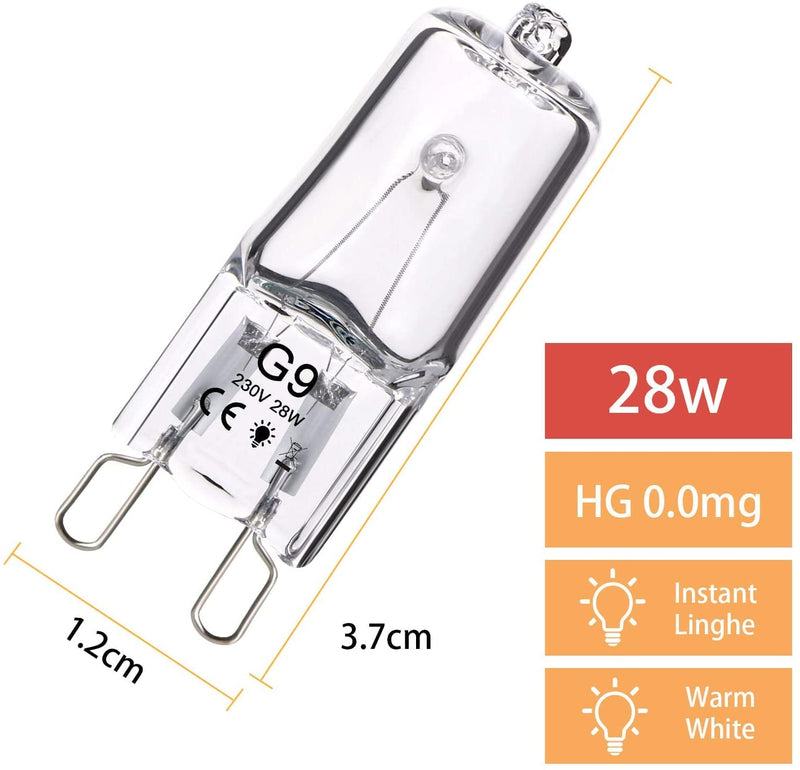 OSDUE G9 Halogen Bulbs, Pack of 5 Capsule Lamps Dimmable 28W 230V Warm White Lamps 2800K for Oven Microwaves Cooker Ceiling Lights 28W 5PCS