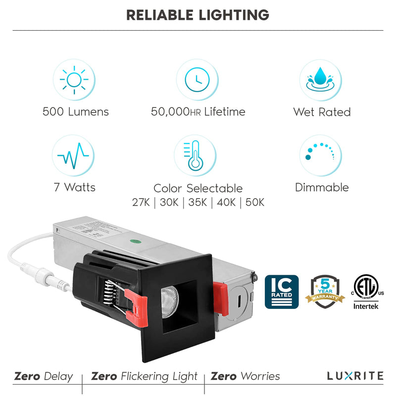 LUXRITE 1 Inch Square LED Recessed Lighting with Junction Box, 7W, 5 Color Selectable 2700K-5000K, CRI 90, 500 Lumens, 30° Spotlight, Small Dimmable Downlight, Wet Rated, IC Rated - Black