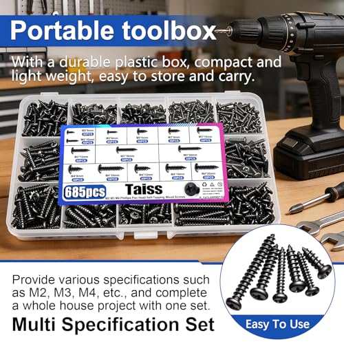 Taiss 1220PCS #8#10 Self Tapping Screws for Metal 410 Stainless Steel +685PCS M2 M3 M4 Phillips Pan Head Self Tapping Wood Screws Assortment Kit,14 Sizes Self Tapping Screws for Plastic