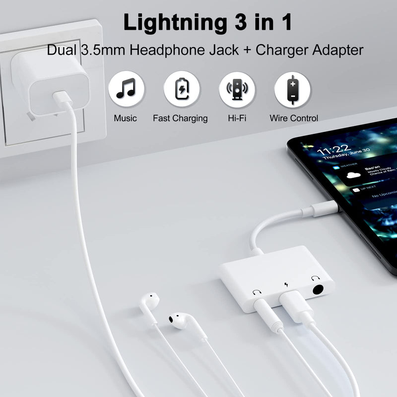 3 in 1 Dual 3.5mm Headphone Jack Adapter - Earphone Jack Audio and Charging Adapter - Headphone Splitter for iPhone 14/13/ 12/11/ X/ 8/ iPad -Support iOS 13- White