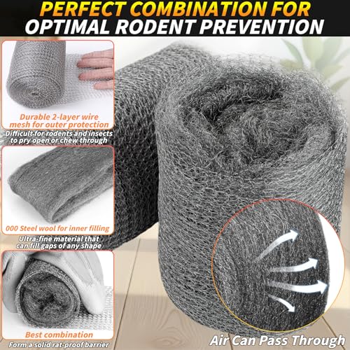 Steel Wool Mice Control, 6 Pack 3.2" x60 FT #1 Steel Wool & 1 Pack 5" x30 FT Stainless Mesh Gap Filler, Mouse Hole Filler DIY Kit, Rodent Barrier Kit for House Garden Pipeline Polishing Chrome Glass