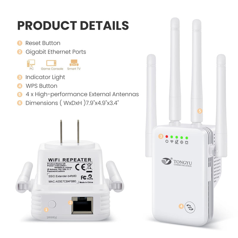 Tongyu 300Mbps WiFi Repeater/Extender Signal Booster for Home and Outdoor,Full Coverage 5000 sq.ft and 35 Devices WiFi Range Extender,with Repeater,Ap,Router 3-in-1 Function