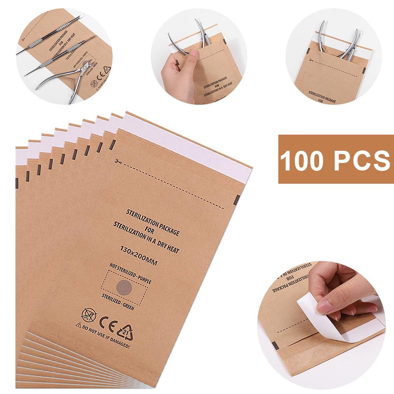 WeddHuis Pack of 100 Self-Adhesive Sterilisation Bags 130 x 200 mm for Autoclave Manicure Tattoo Pedicure Instruments