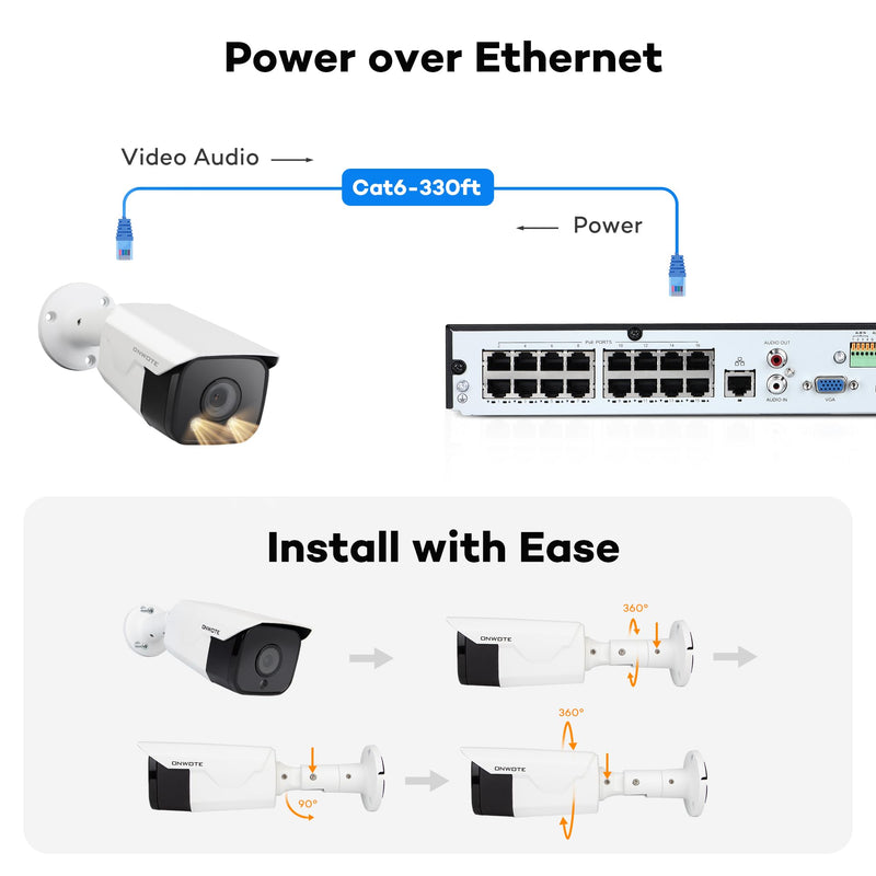 ONWOTE 4K 8MP PoE IP Camera, Smart AI Human Vehicle Detection Activate Bright Spotlights, 134° Wide Viewing Angle, Indoor/Outdoor, Commercial Wired Camera for Business, Add-on to PoE NVR System