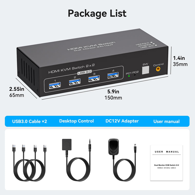 HDMI KVM Switch 2 Monitors 2 Computers 4K@120Hz USB 3.0 KVM Switch Share Dual Monitor and 4 USB Devices Support Extended/Copy Mode HDMI 2 PC 2 Monitors White