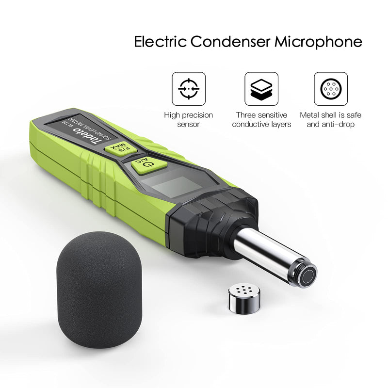 Sound Level Meter, Tadeto Digital Portable Sound Level Meter 30dB to 130dB with LCD Display A/C Weighted for Home Workshops, Green