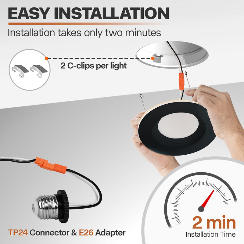 POWERASIA 1 Pack Black 5/6 Inch LED Can Lights with Night Light, 5CCT Retrofit Recessed Lighting Selectable 2700K-6000K Dimmable, 12W=75W, 1200LM Downlight with Metal Smooth Trim-ETL and Energy Star 5CCT+NT-BK 1PACK-6IN