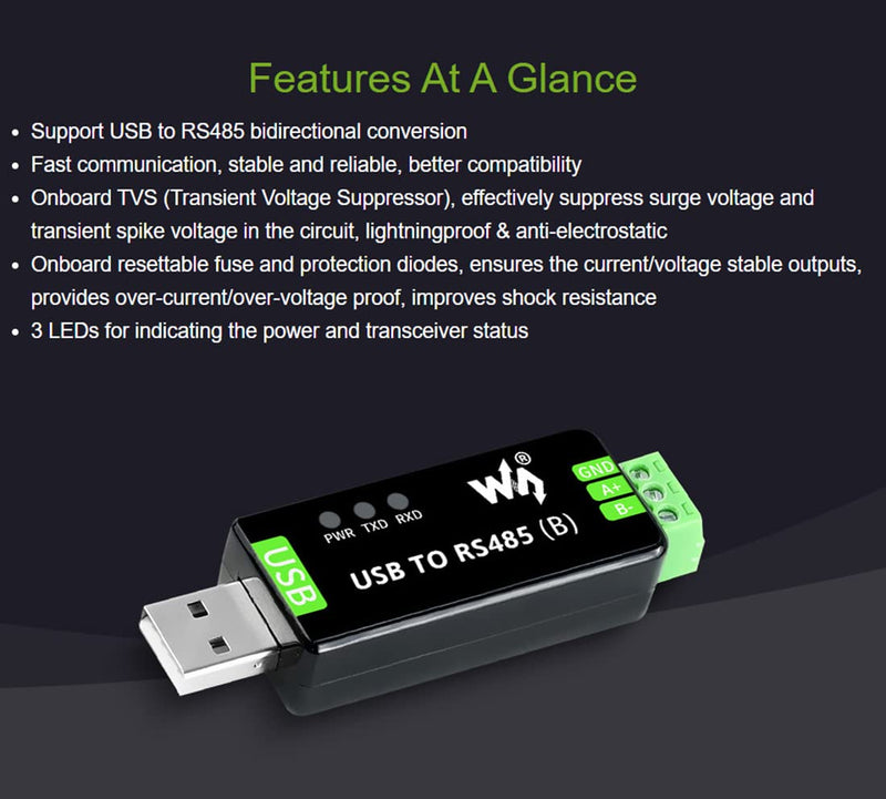 2PCS Waveshare Industrial USB to RS485 Bidirectional Converter Onboard Original CH343G Multi-Protection Circuits