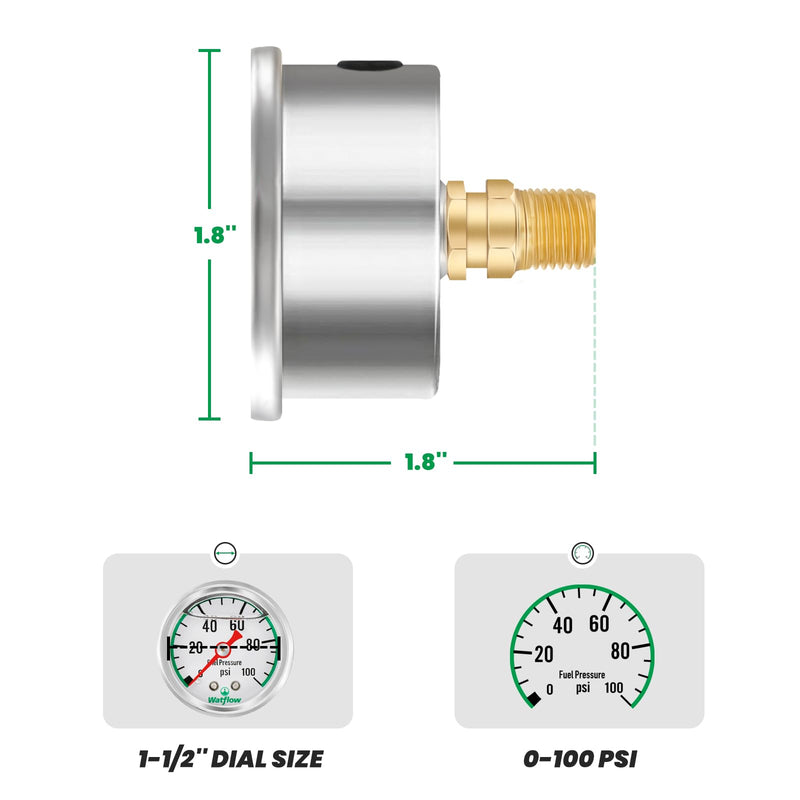 Watflow Liquid Filled Fuel Pressure Gauge, 1-1/2" Dial Size, 1/8" NPT Center Back Connection, Stainless Steel Shell with 0-100psi.