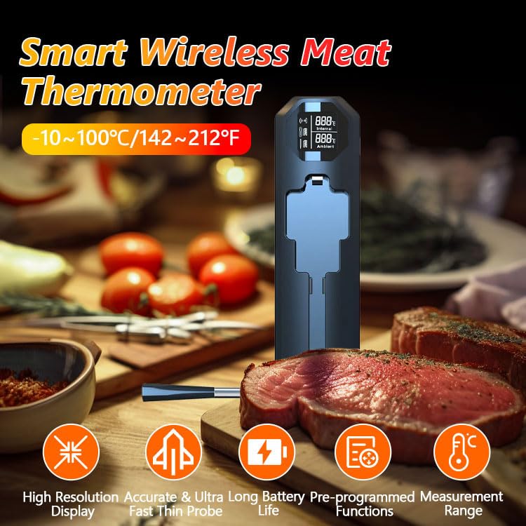 Smart Meat Thermometer-Smart Meat Thermometer Wireless - App Monitoring, Ambient Temperature Sensor, Alarm Reminders, 820-Foot Range, Suitable for Smokers, Barbecues, Turkeys, Beef, and Cooking