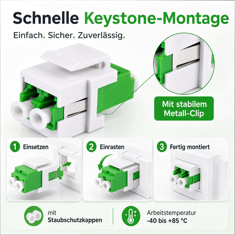 1aTTack.de 3x LWL Keystone Connector OS1 / OS2 (APC) LC Duplex Female to LC Duplex Female Single Mode Green LC/LC (APC) KS Green OS1/OS2 Keystone