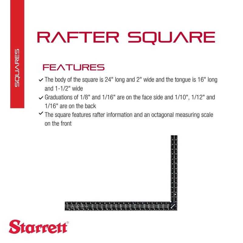 Starrett Standard L-Shaped Tempered Steel Rafter Square with Solid One Piece Construction - Ideal for Professionals and Home Improvement - 24" Length, 1-1/2" Width - RS-24