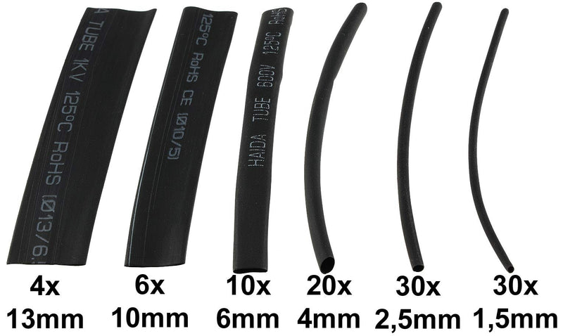 ChiliTec heat shrink tube set 100 pieces shrink tubes with shrink ratio 2:1 10cm long 6 sizes cable tube insulation I black