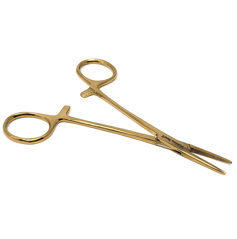 Mosquito Hemostat Locking Forceps 5" Straight with Full Serrated Jaws Ideal for Clamping, Fishing, Firefighters Nurses Doctors + More (Full Gold) Full Gold