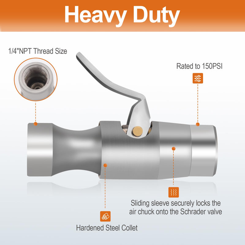 Locking Air Chuck - Two Steel Jaws Tire Air Chuck Lock onto Any Schrader Valve - 1/4" F-NPT Tire Chuck Rated to 150 PSI - Closed Flow Close Flow