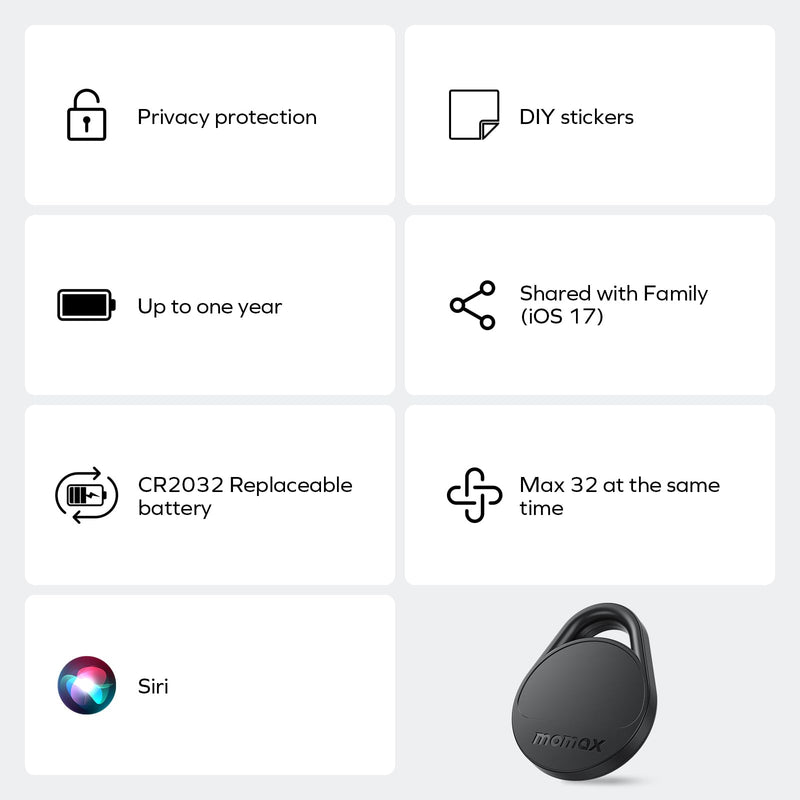 Momax Tracker Electronics Key Finder Luggage Tracker Smart Tag for Key, Backpack, Wallet, Pets Works with Apple Find My (iOS Only) and Global Search Range Include DIY Personalized Stickers Black