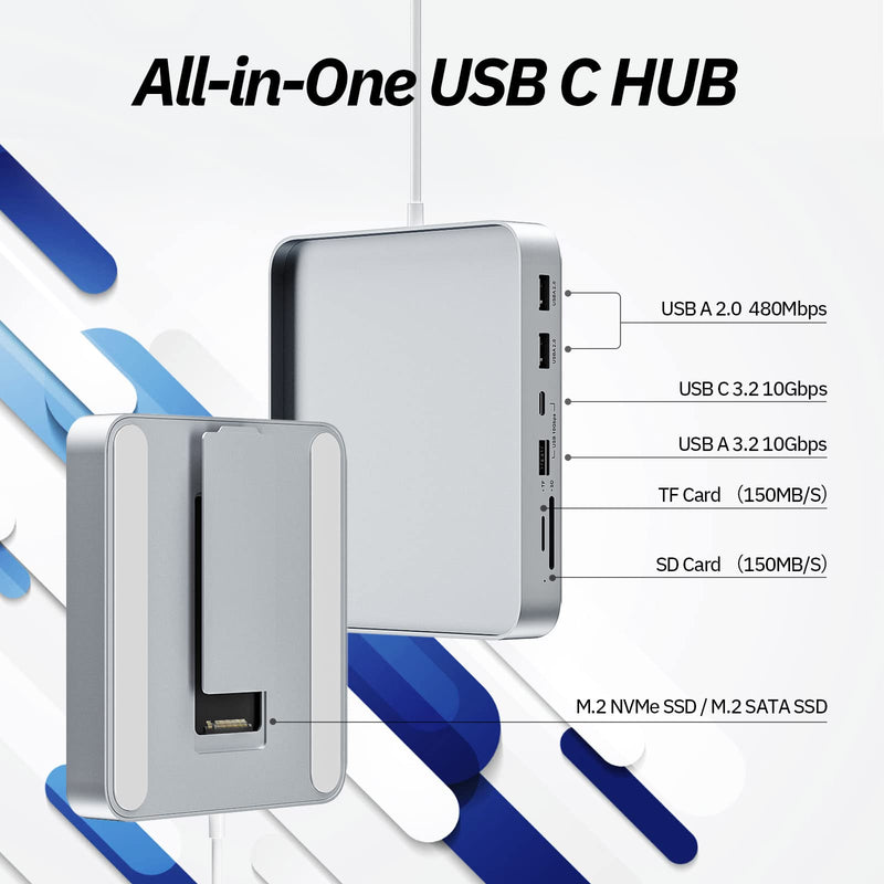 USB C Hub for iMac 24 inch 2021/2023/2024, Minisopuru iMac Hub Support M.2 NVMe SSD, iMac Accessories for iMac M1/M3/M4, iMac Adapter with USB A/C 10Gbps, SD/TF, M.2 SSD (Not Included), Silver