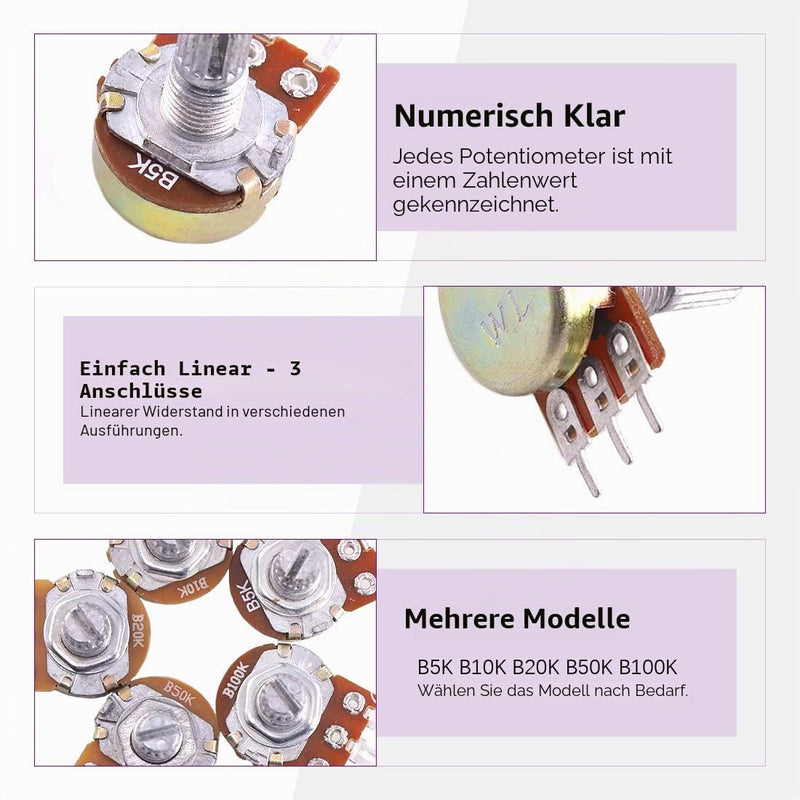 Swpeet Linear Rotary Potentiometer B5K 10K 20K 50K 100K Ohm with 20 Aluminum Knobs of 3 Different Types (WH148) and 40 Retouching Discs and Nuts