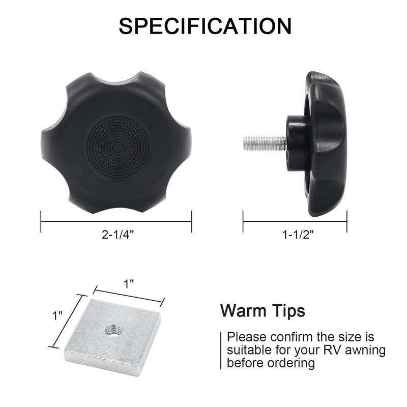 Black RV Awning Brace Knob with Nut Kit, RV Camper Awning Brace Knob Replacement Parts with Clamp-2 Pcs