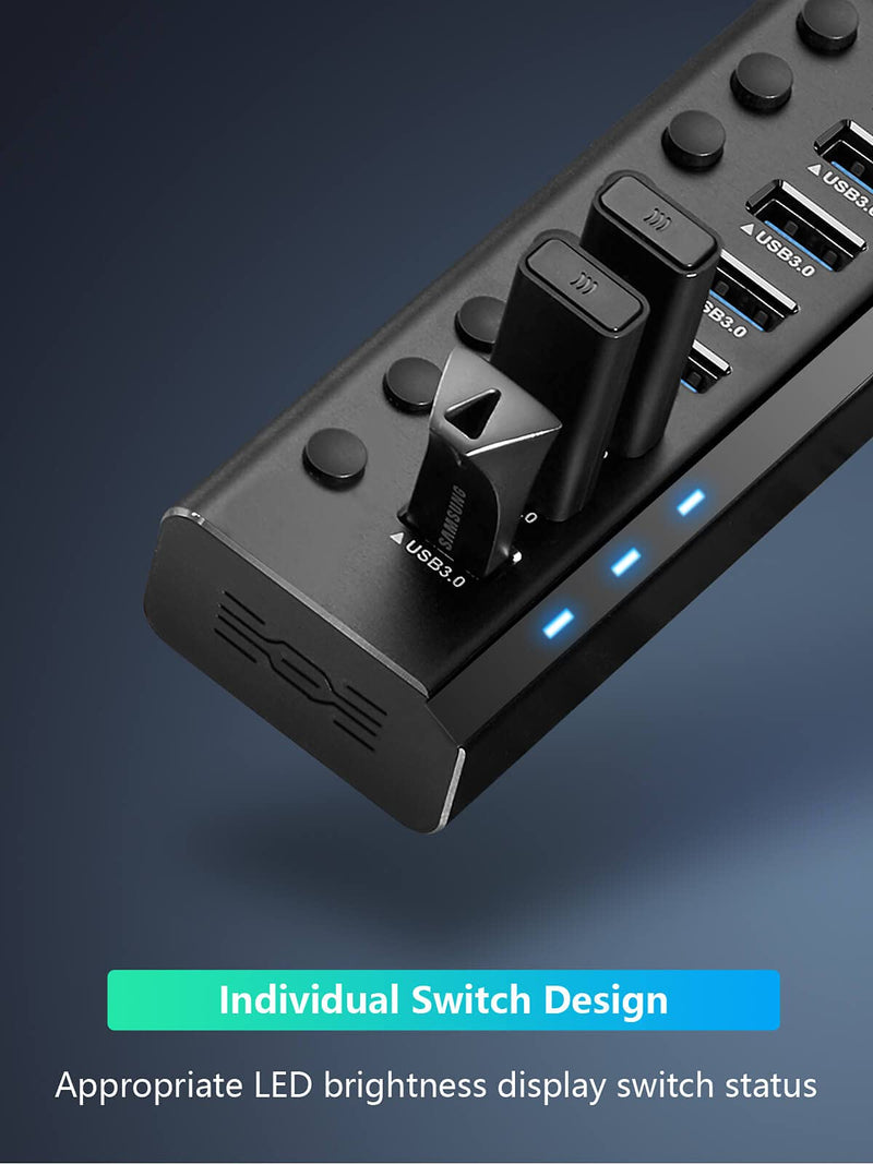 Powered USB Hub Rosonway 16 Ports 96W USB 3.0 Data Hub Aluminum USB Hub 3.0 Splitter with 12V/8A Power Adapter and Individual On/Off Switches RSH-A16 (Black) 16 Ports USB 3.0 hub Black