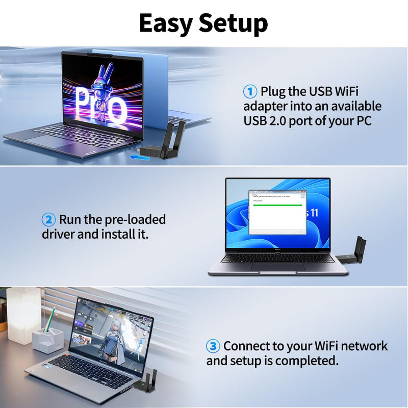 WiFi Adapter for Desktop PC, Wireless Adapter Wide-Coverage Dual Band 2.4GHz 400Mbps and 5GHz 867Mbps, USB 2.0, Dual High Gain Antenna, Supports Windows 10/11, Plug and Play 1300Mbps