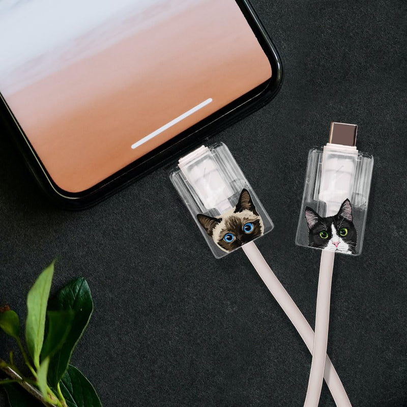 2 Pcs Set Cable Charging Head Protector Cover, Charging Cord Protector, Cute Cable Protectors for iPhone Charger Cable - Black White Tuxedo Cat, Siamese Kitten Cat