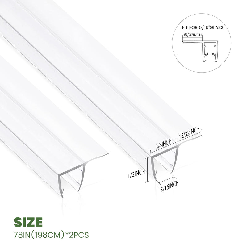 Shower Glass Door Seal Strip, 2 Pack 78 Inch Long Shower Door Side Bottom Seal Strip for 5/16" (8mm) Thick Glass Door, Shower Door Sweep to Stop Water Leaks F-shape,for 8mm glass,78 inch long