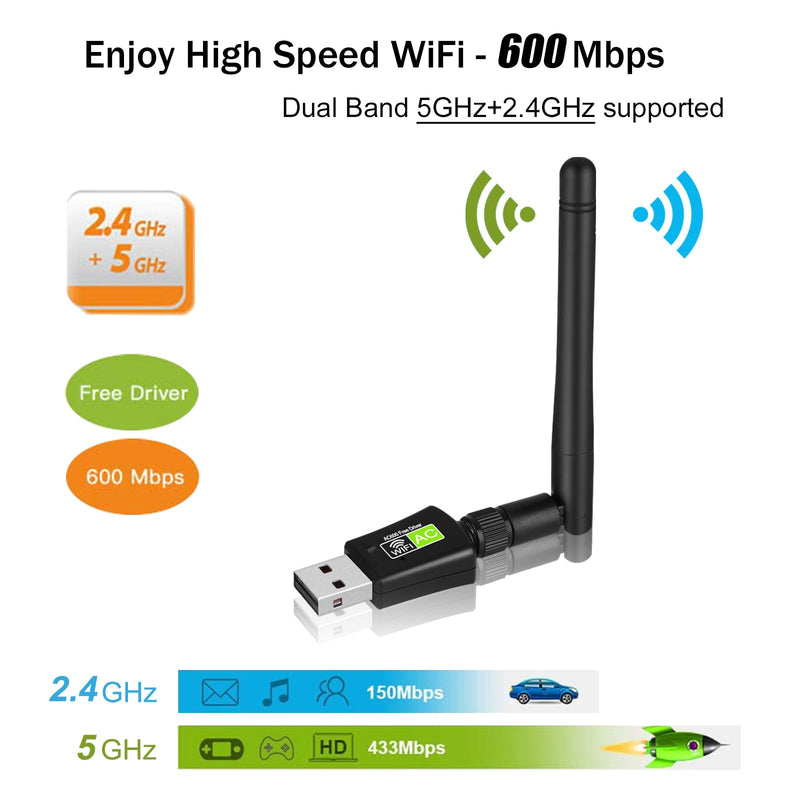 USB WiFi Adapter for Destop PC/Laptop, NETVIP AC600 Dual Band 5GHz/2.4GHz WiFi Dongle with 5dBi Antenna, 802.11ac Wireless Network Card for Windows, CD-Free and Plug & Play 600M green