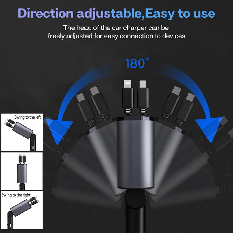 Retractable Car Charger, 4 in 1 Fast Charge Car Phone Charger Adapter 100W, Retractable Cables(2.6ft) for iPhone & Type-C, Cigarette Lighter Adapter for iPhone15/14/13 Pro Max, Galaxy, Pixel