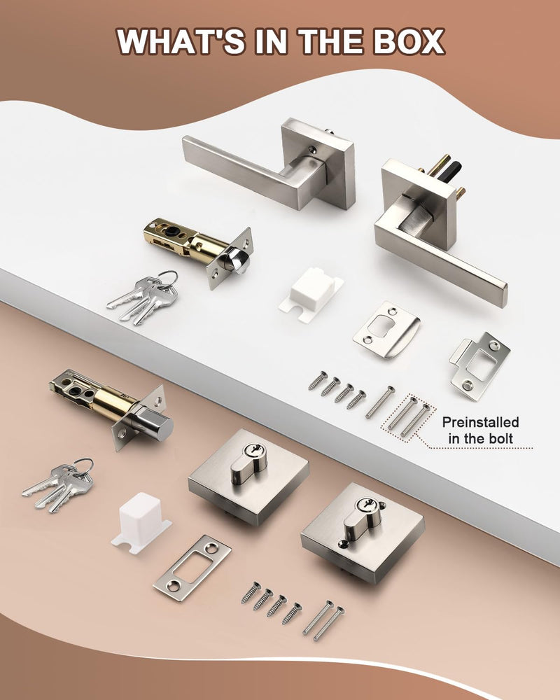 KNOBWELL 1 Pack Passage Door Handle with Deadbolt, Brushed Nickel Double Cylinder Deadbolt Lock Square Front Door Lock Double Cylinder Deadbolt with Passage Lever