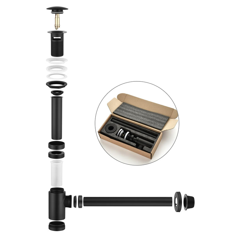 Bathroom Sink Stopper P-Trap Complete Set Adjustable Bottle Trap Solid Brass Sink Drain Kit Tube and Pop Up Drain Stopper Set with Overflow, Matte Black T02-Set w/ Overflow 02#matte Black