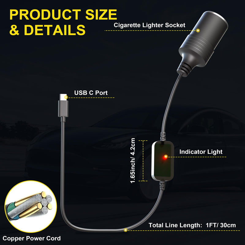 USB C to 12V Adapter, USB C to 12V Cigarette Lighter Adapter PD3.0 Type C Male to 12V Cigarette Lighter Socket Female Cable for Dash Cam Power Bank GPS Car Led Light Strips 2 Pack