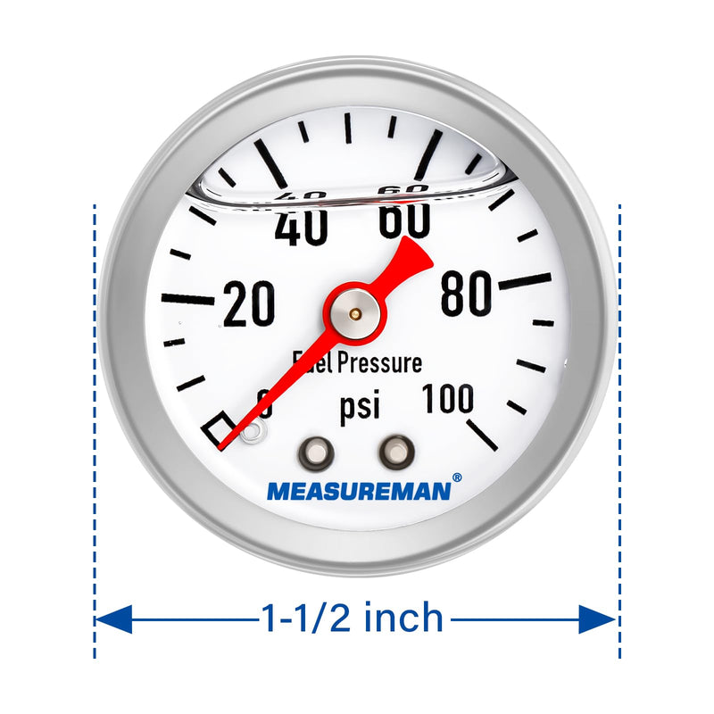 MEASUREMAN 1-1/2" Dial Size, Liquid Filled Fuel Pressure Gauge, 0-100Psi